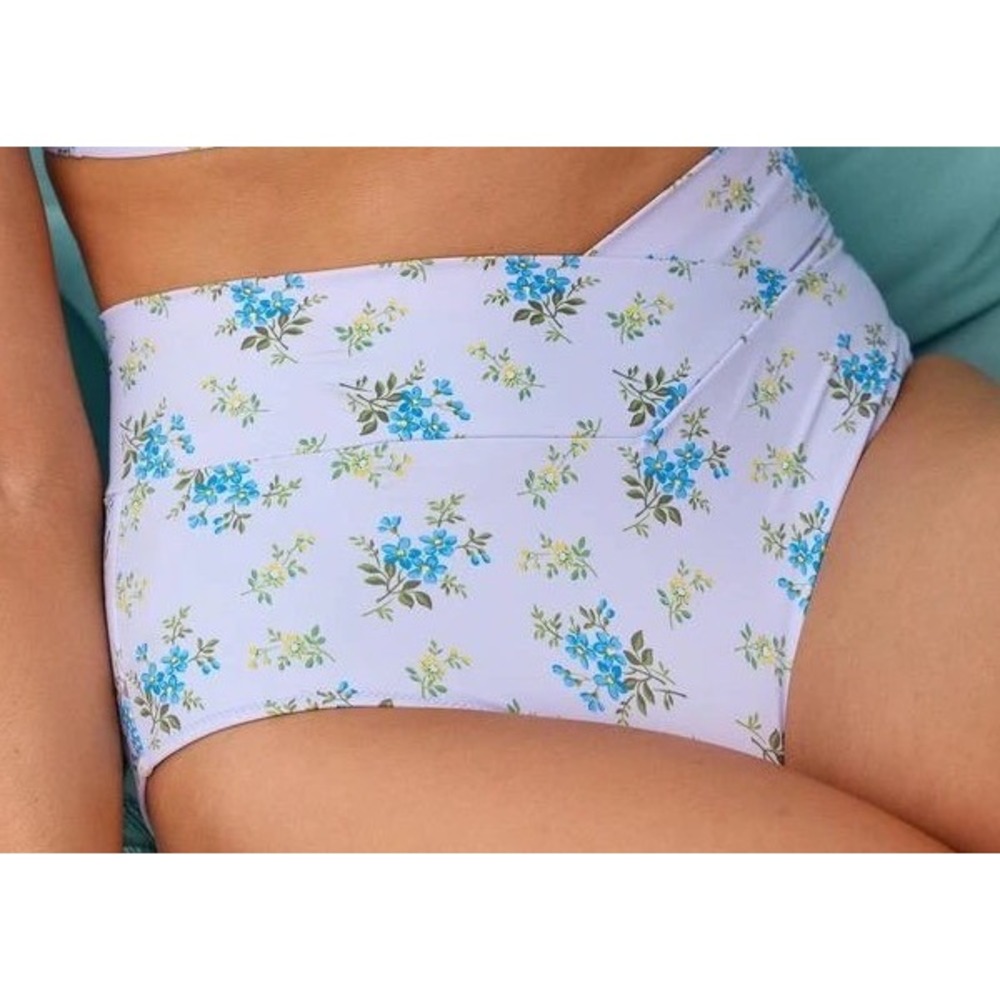 Aerie Real‎ Good High Waisted Crossover Bikini Bottom Blue Floral Small nwt
